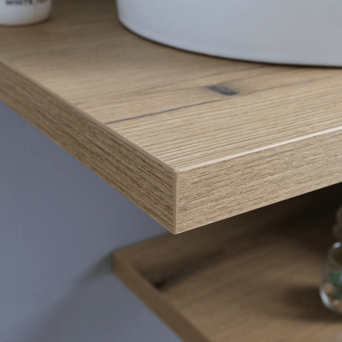 Mobile da bagno "Cipro" 80 cm sospeso in rovere naturale con lavabo in ceramica ovale bianco e specchio - MondoViro