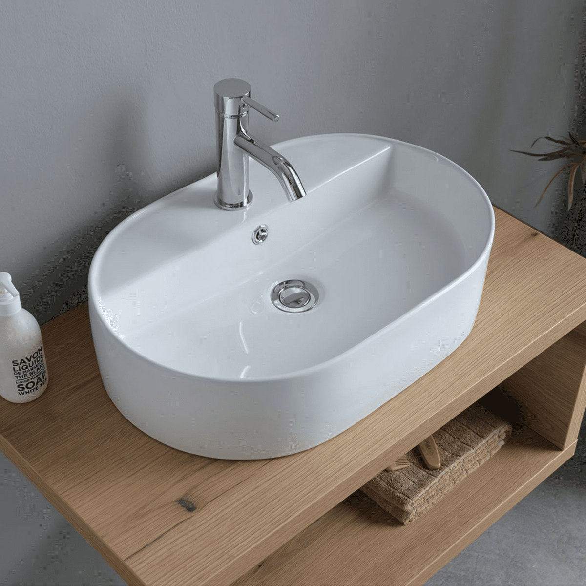 Mobile da bagno "Cipro" 80 cm sospeso in rovere naturale con lavabo in ceramica ovale bianco e specchio - MondoViro