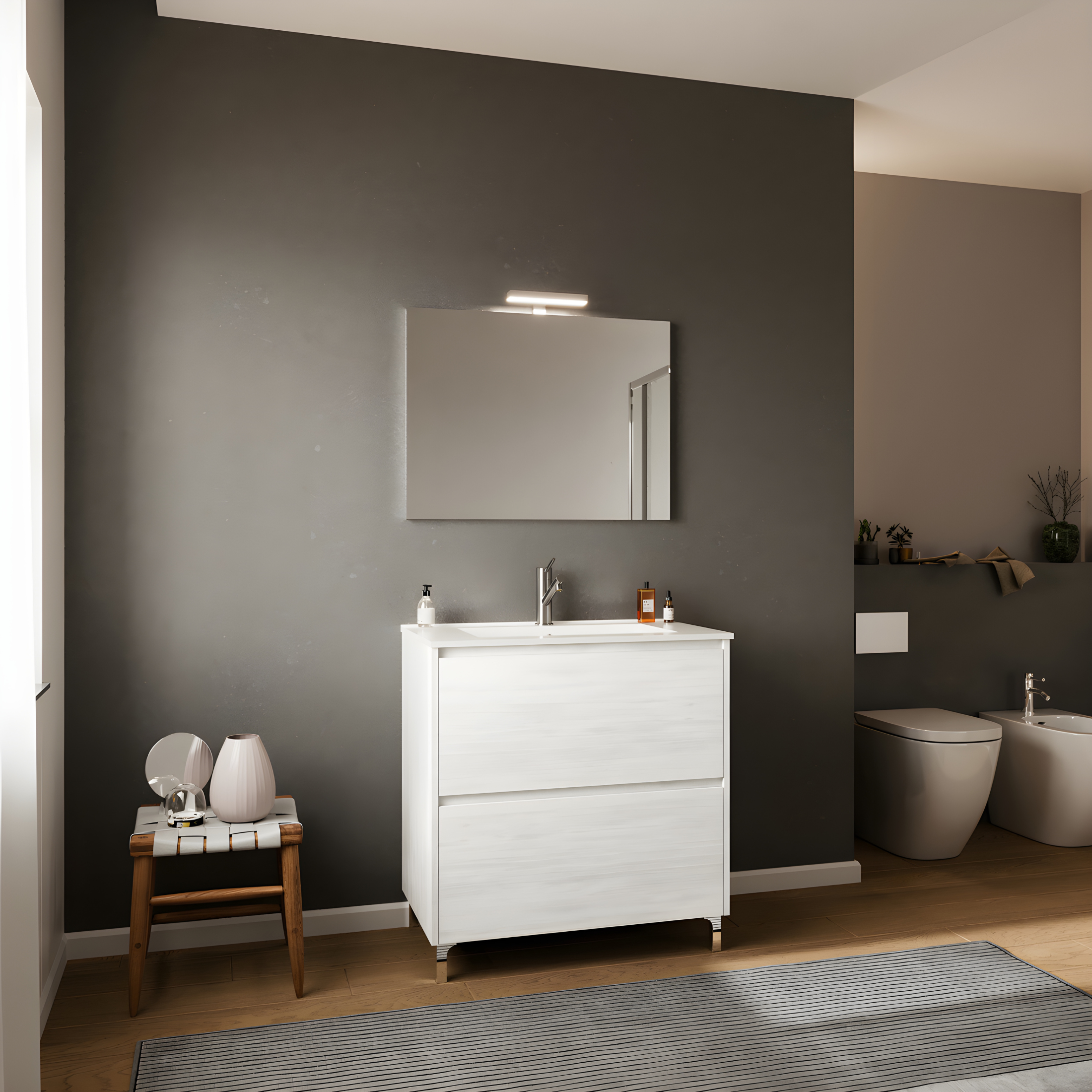 Mobile da bagno moderno "Elo" in legno con lavabo integrato e specchio LED