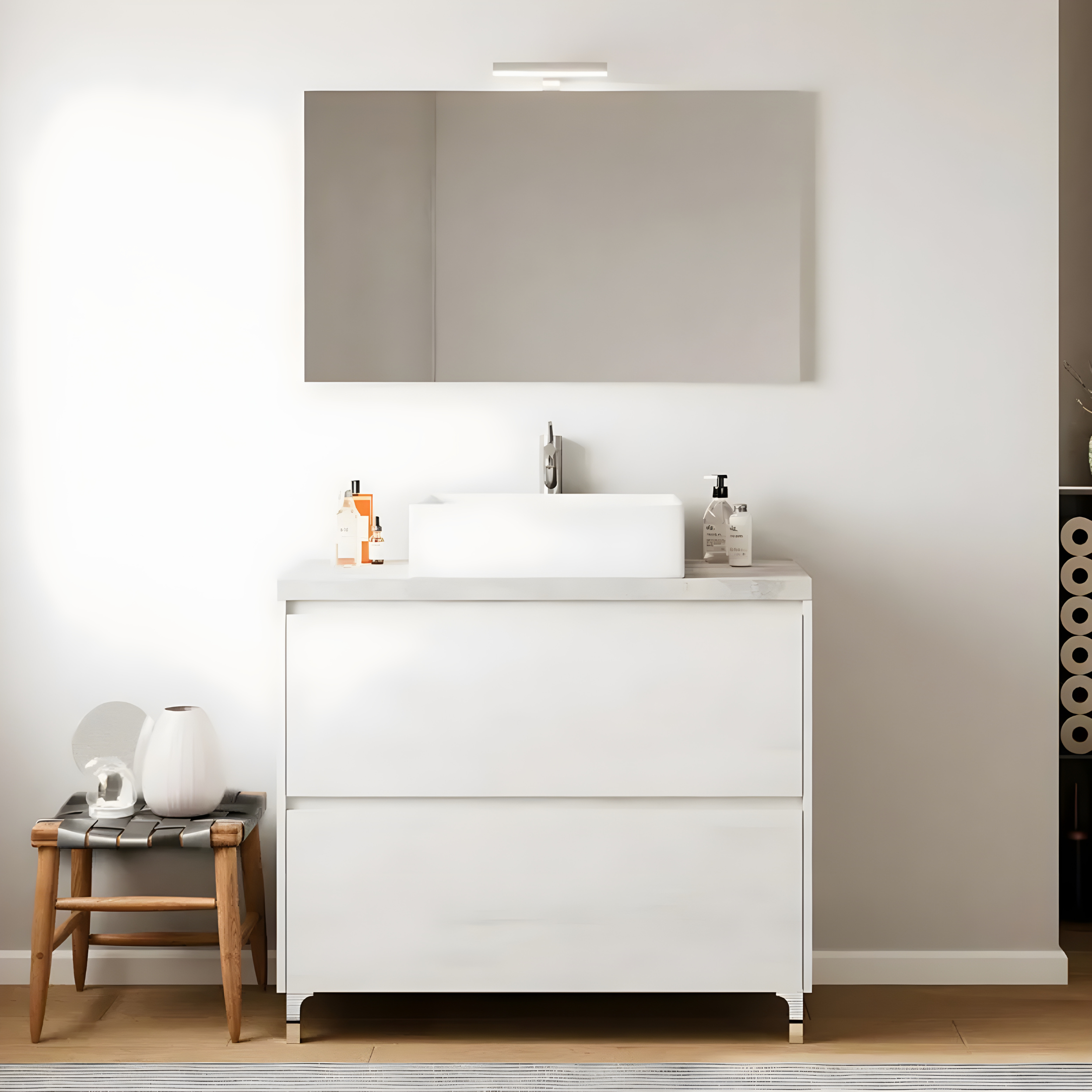 Mobile da bagno moderno in legno "Elorin" con top specchio LED e lavabo da appoggio