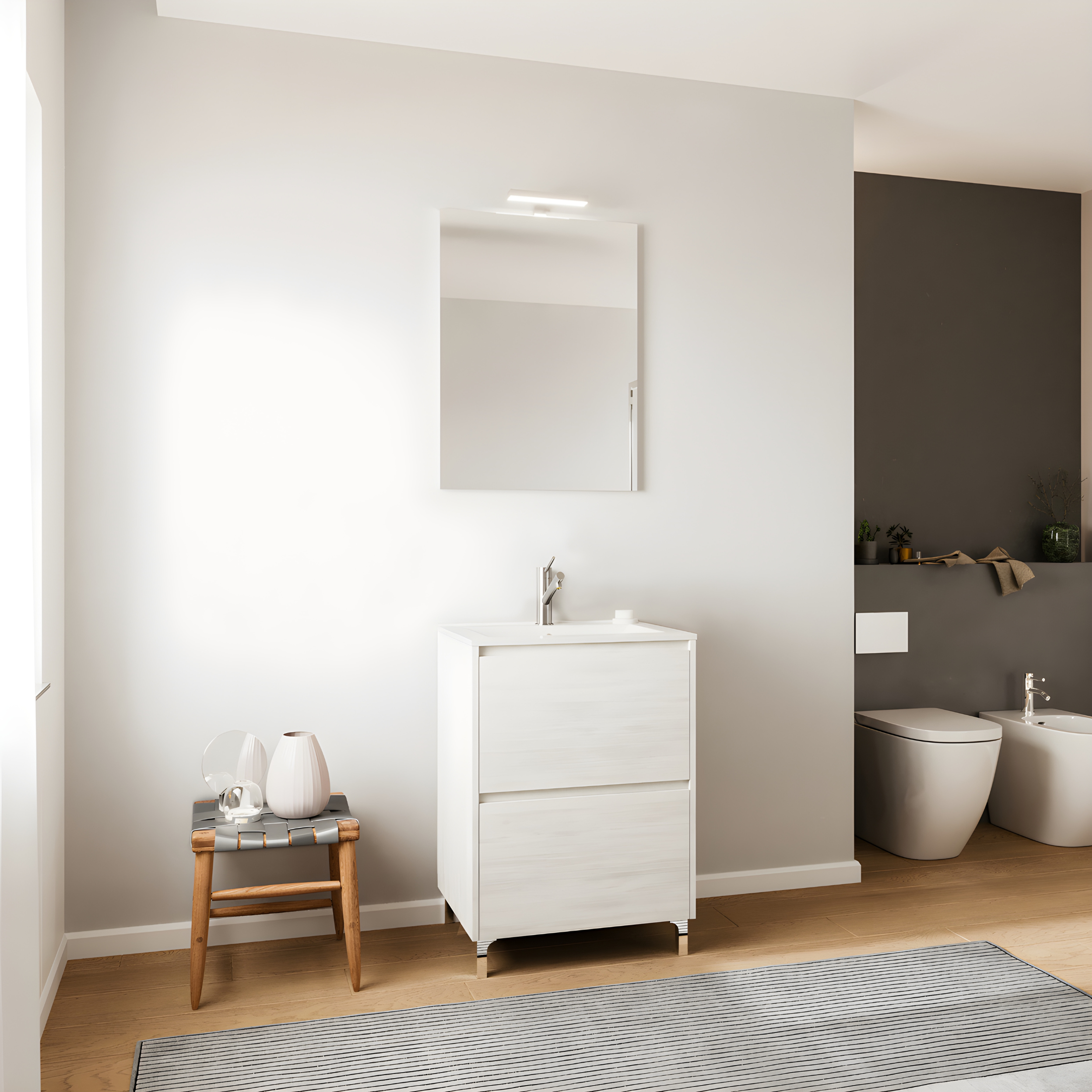 Mobile da bagno moderno "Elo" in legno con lavabo integrato e specchio LED