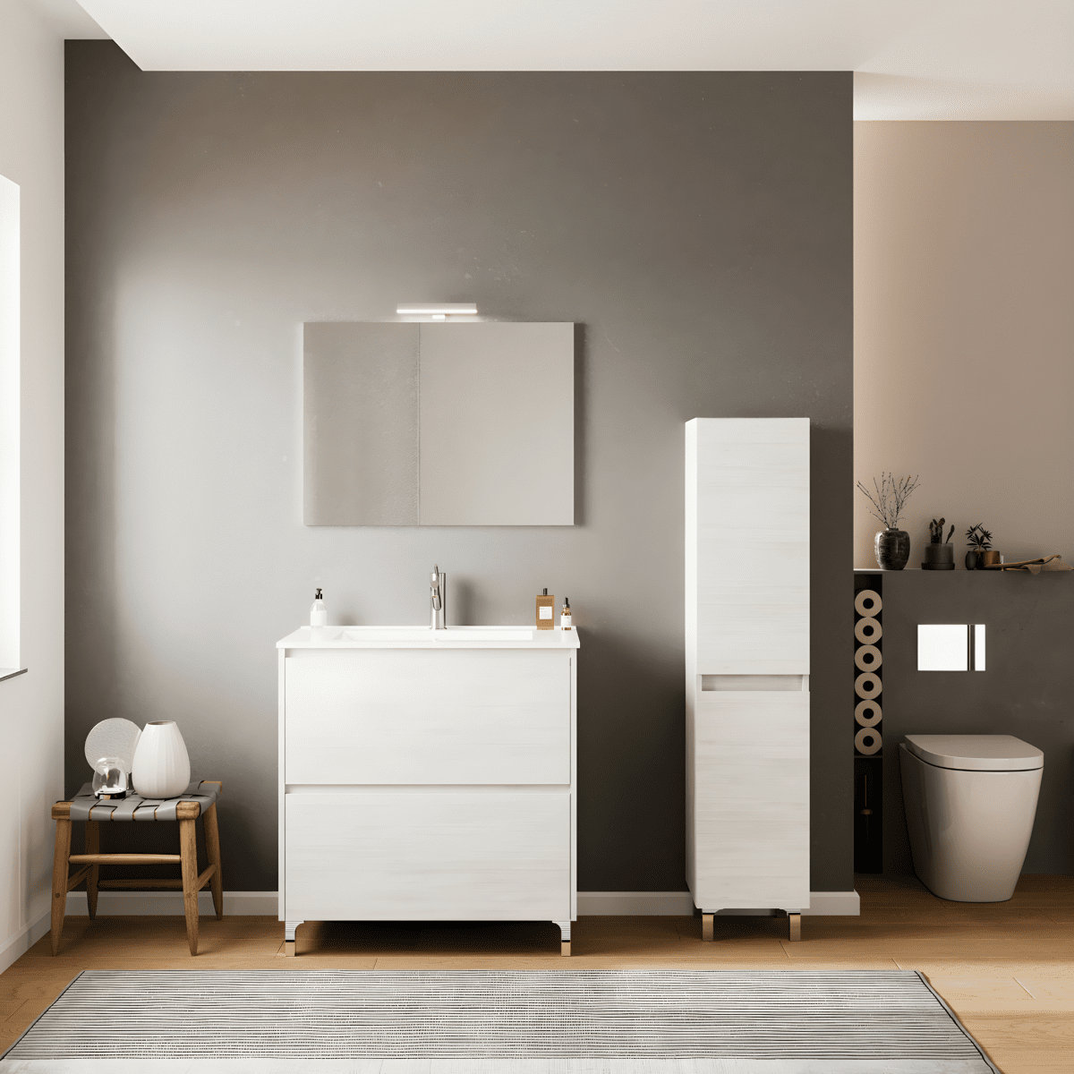 Mobile da bagno moderno "Elo" in legno con lavabo integrato e specchio LED - MondoViro