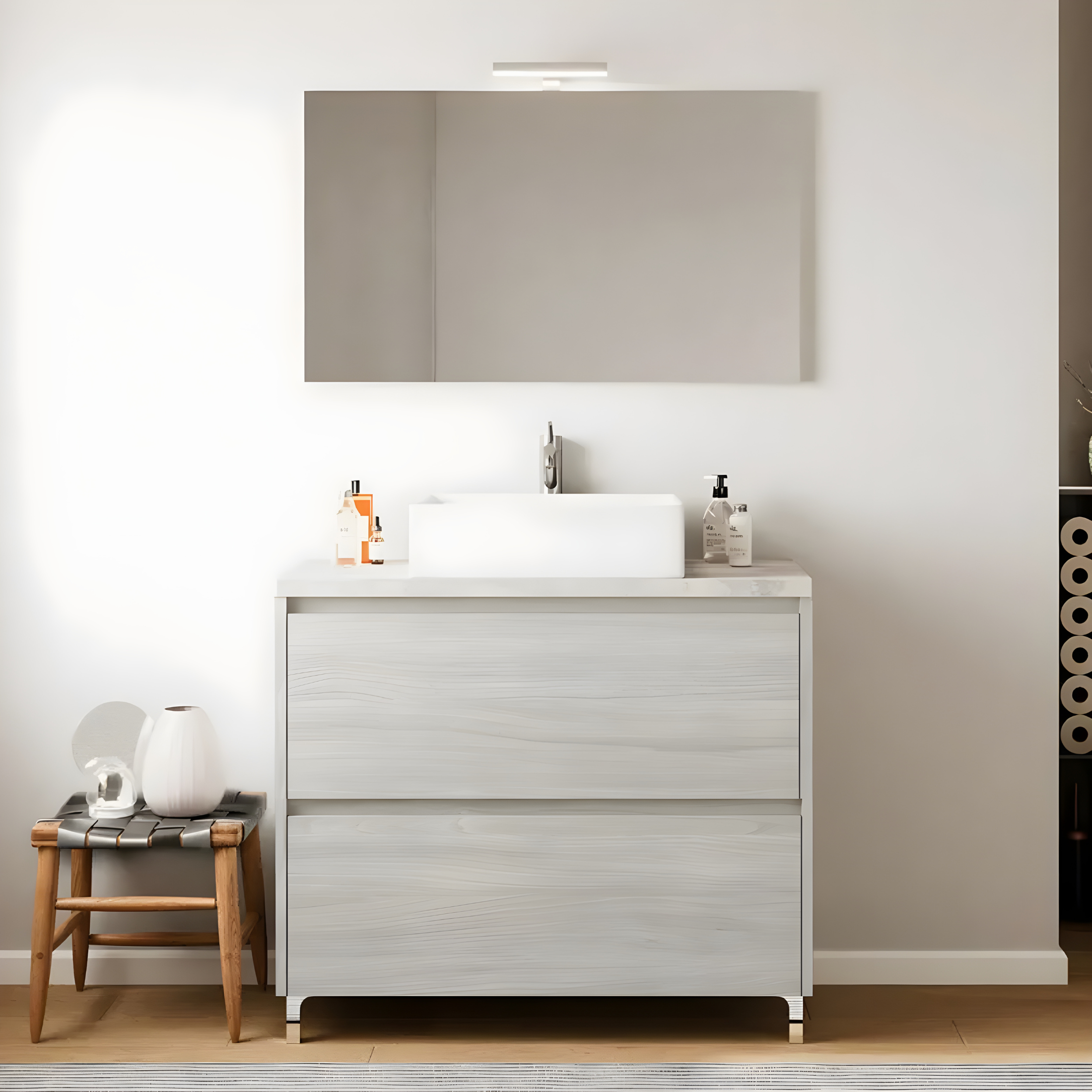 Mobile da bagno moderno in legno "Elorin" con top specchio LED e lavabo da appoggio