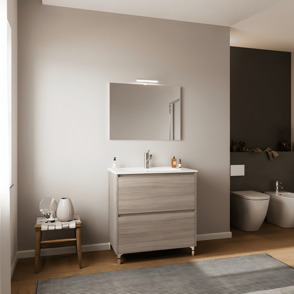 Mobile da bagno moderno "Elo" in legno con lavabo integrato e specchio LED - MondoViro