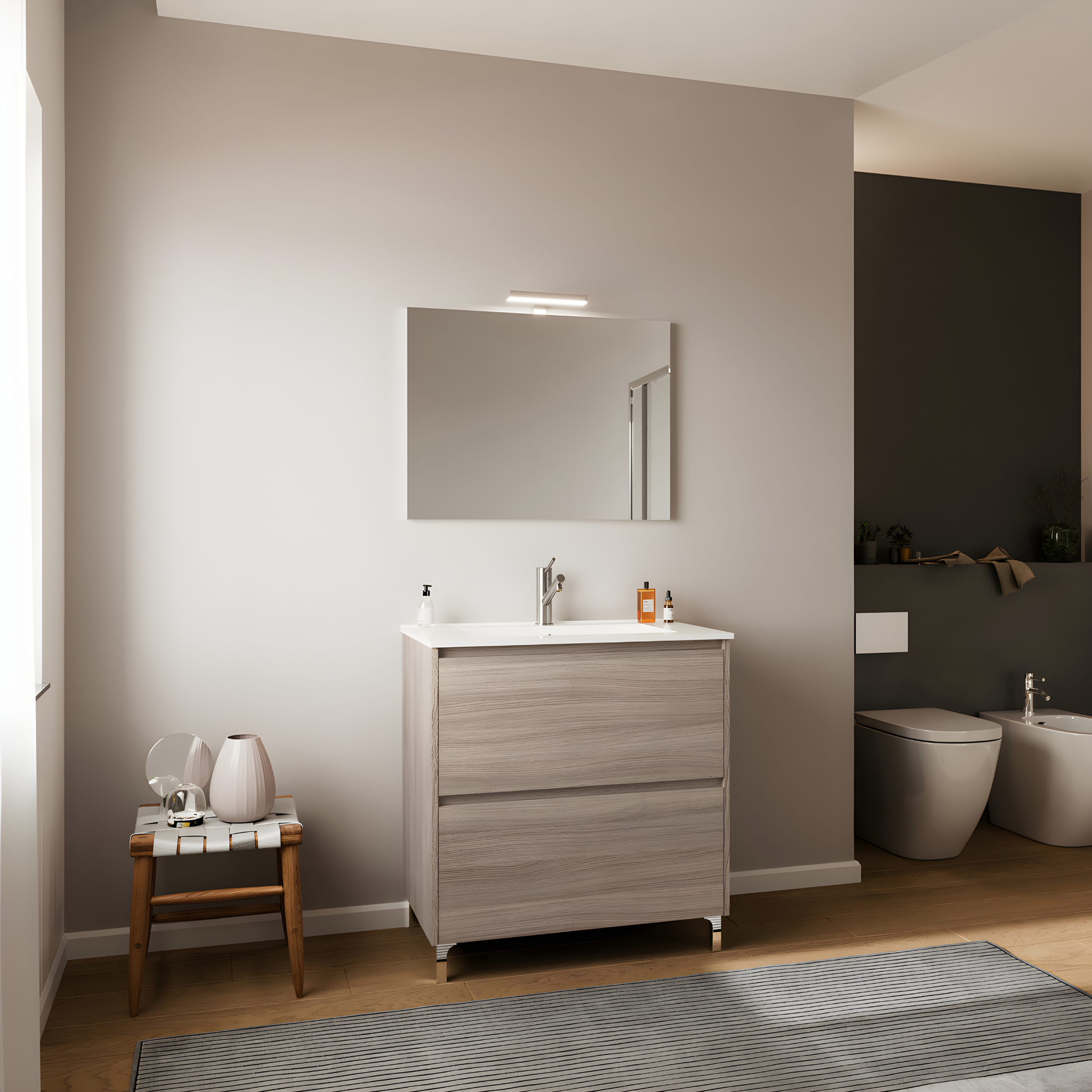 Mobile da bagno moderno "Elo" in legno con lavabo integrato e specchio LED
