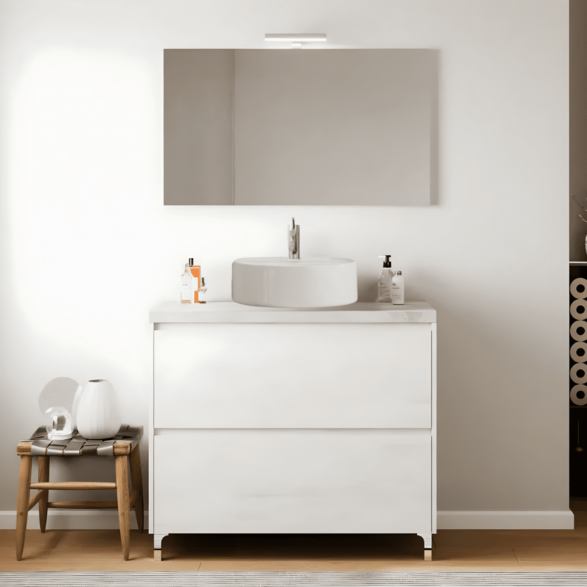 Mobile da bagno moderno in legno "Elorin" con top specchio LED e lavabo da appoggio - MondoViro