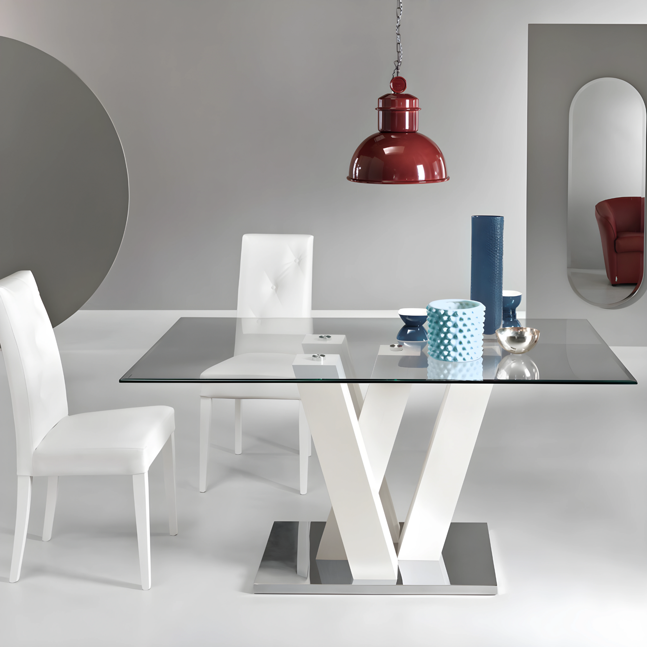 Tavolo fisso con piano in vetro "Steel" e appoggio in metallo cm 90x160 77h