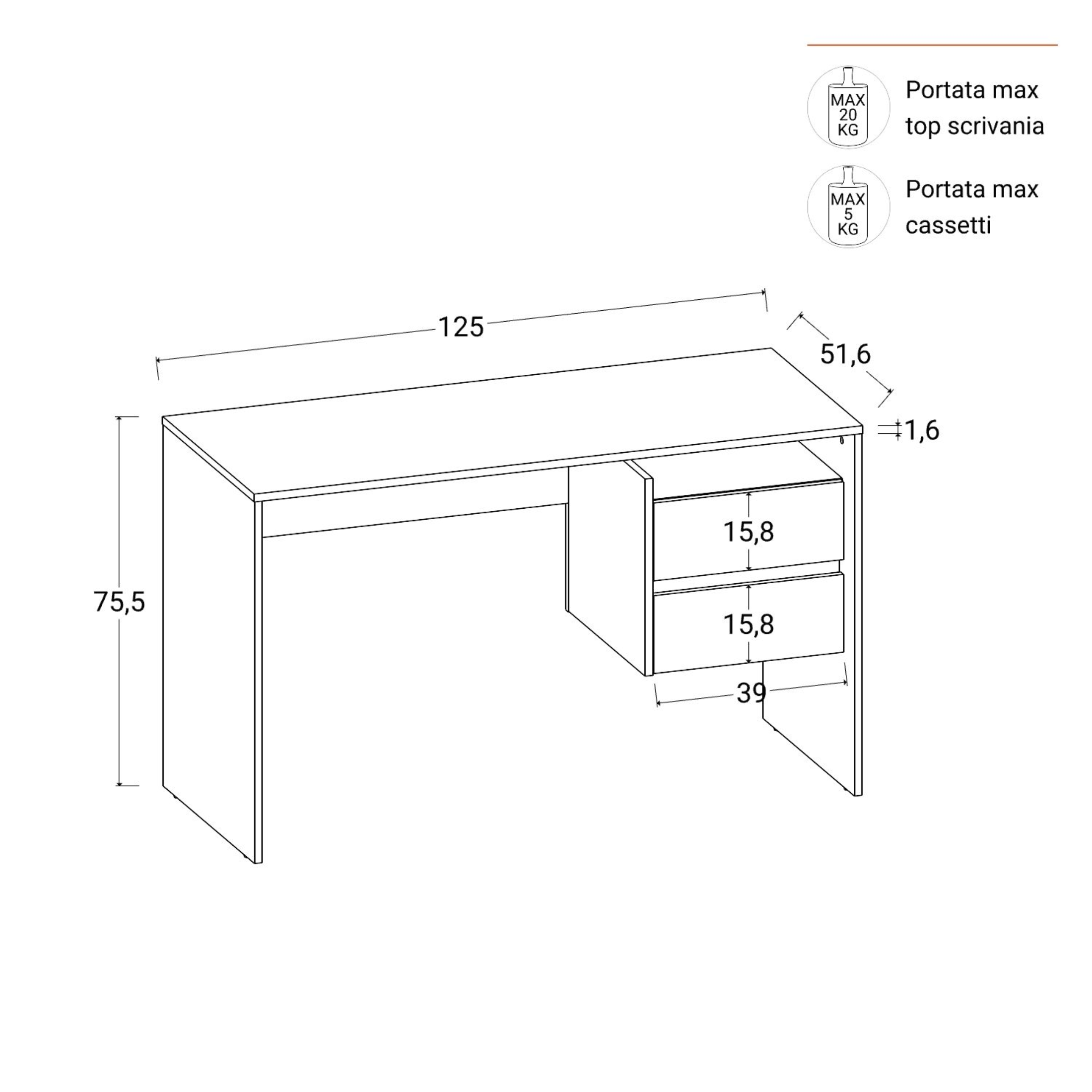 Scrivania lineare in legno "Fifo" con 2 cassetti moderna cm 125x51 75h