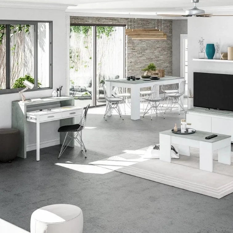 Scrivania estraibile "Roma" in legno cemento con vano e cassetti bianchi cm36x99 88h