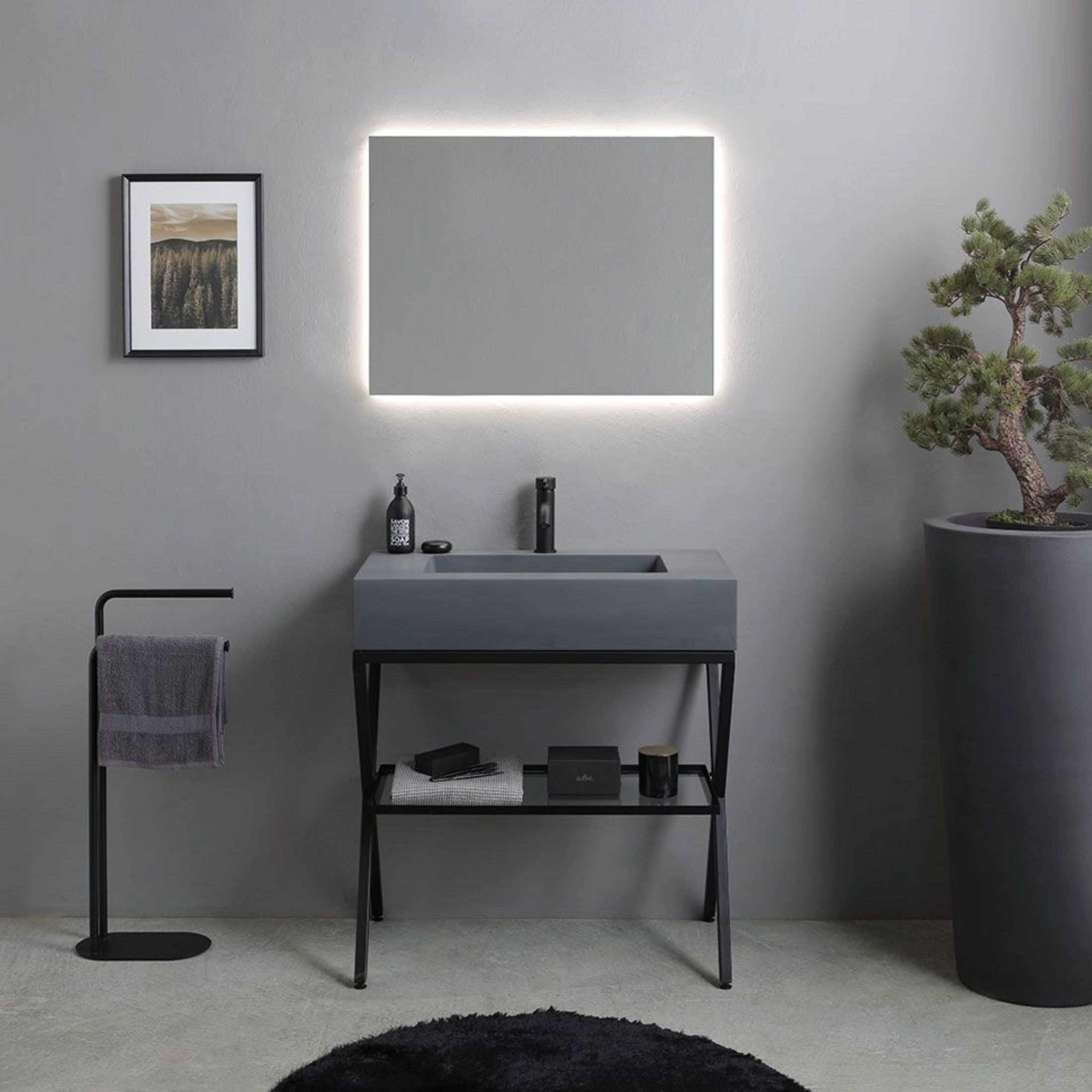 Mobile bagno a terra resina grigio "Figi" 80 cm con lavabo grigio e specchio rettangolare LED retroilluminato