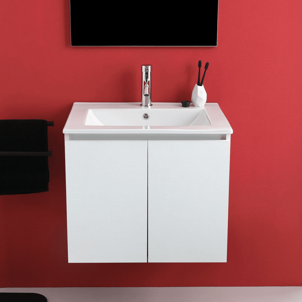 Mobile da bagno bianco "Hydra" 60 cm sospeso a 2 ante con lavabo e specchio - MondoViro