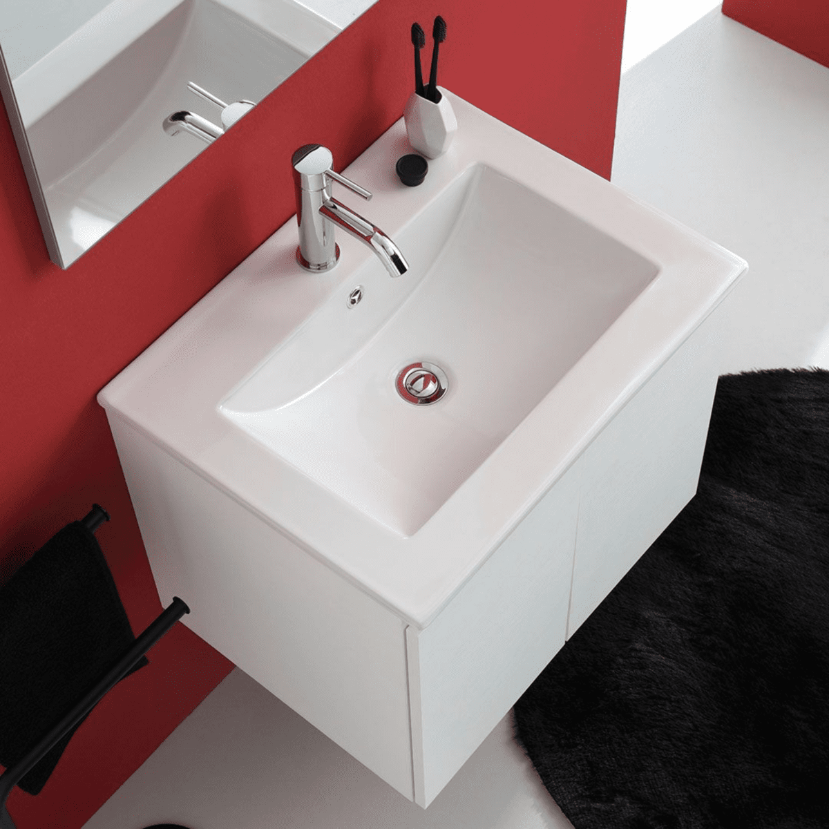 Mobile da bagno bianco "Hydra" 60 cm sospeso a 2 ante con lavabo e specchio - MondoViro