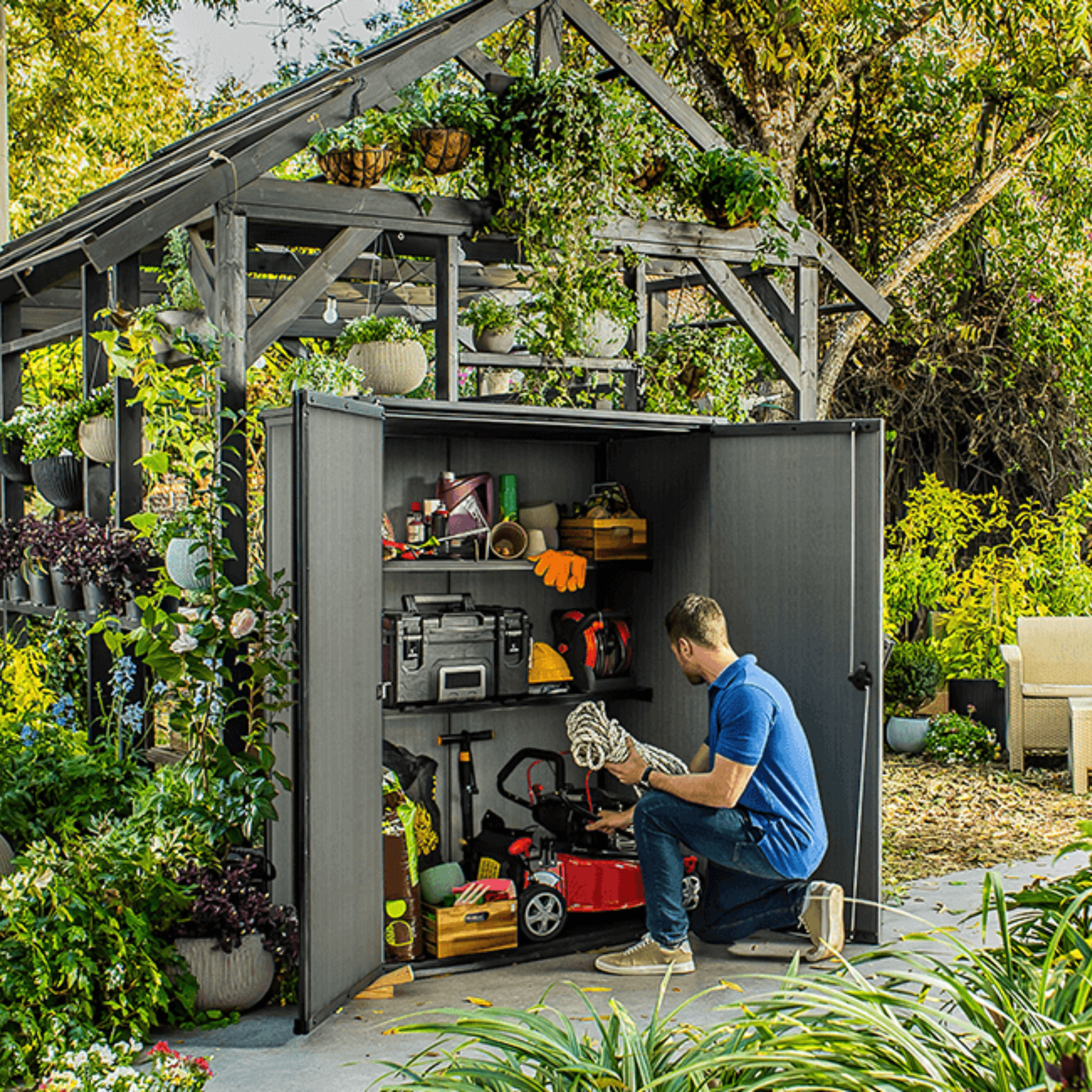 Porta attrezzi "Gnomo" da esterno grigio effetto legno spazioso e resistente cm 140x73,6 170,4h