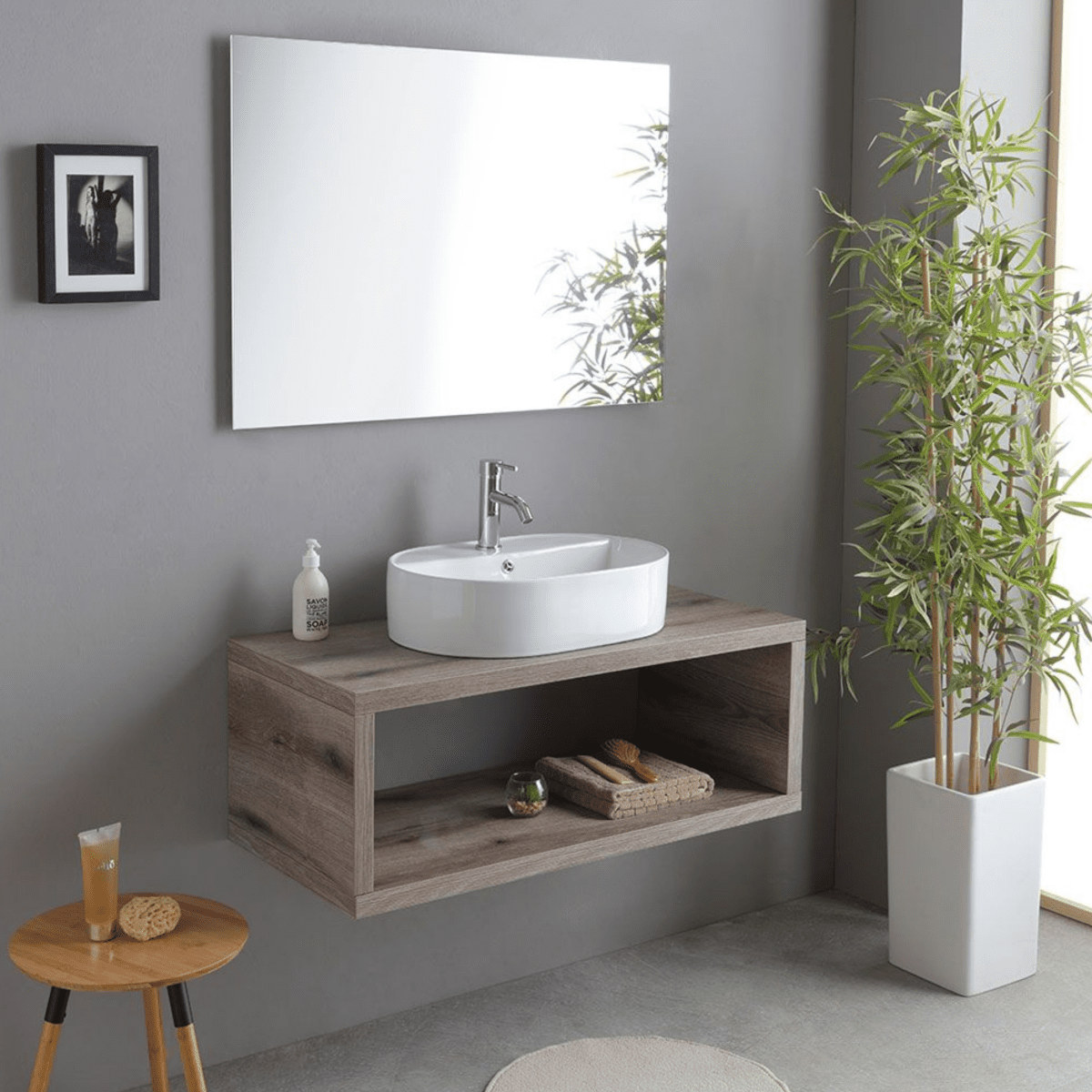 Mobile bagno sospeso rovere fossile "Kos" 100 cm con lavabo ovale bianco in ceramica e specchio rettangolare - MondoViro