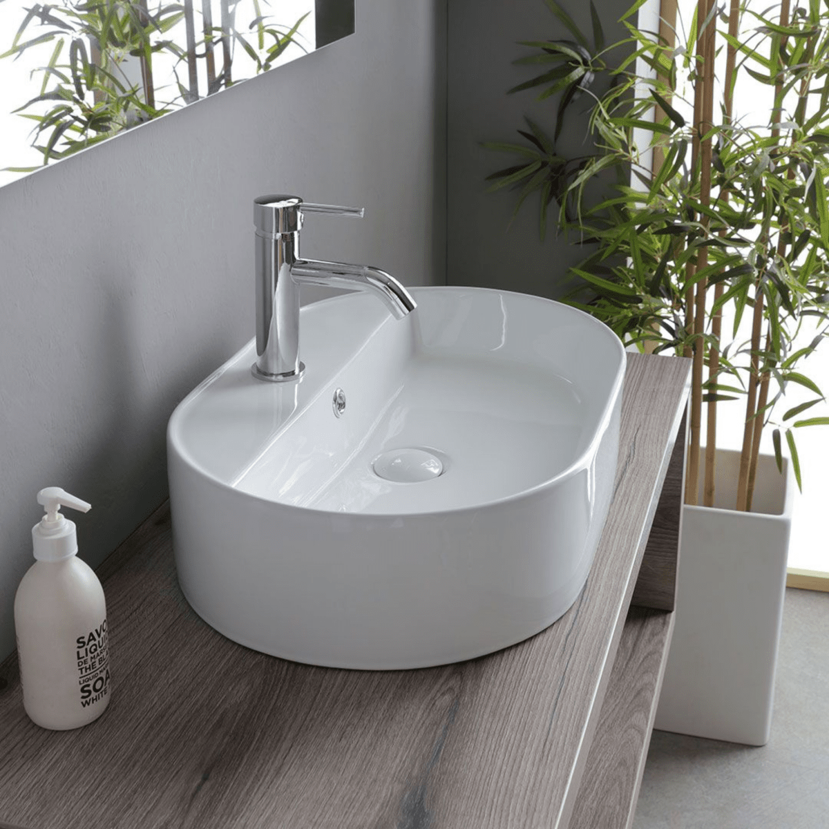 Mobile bagno sospeso rovere fossile "Kos" 100 cm con lavabo ovale bianco in ceramica e specchio rettangolare - MondoViro
