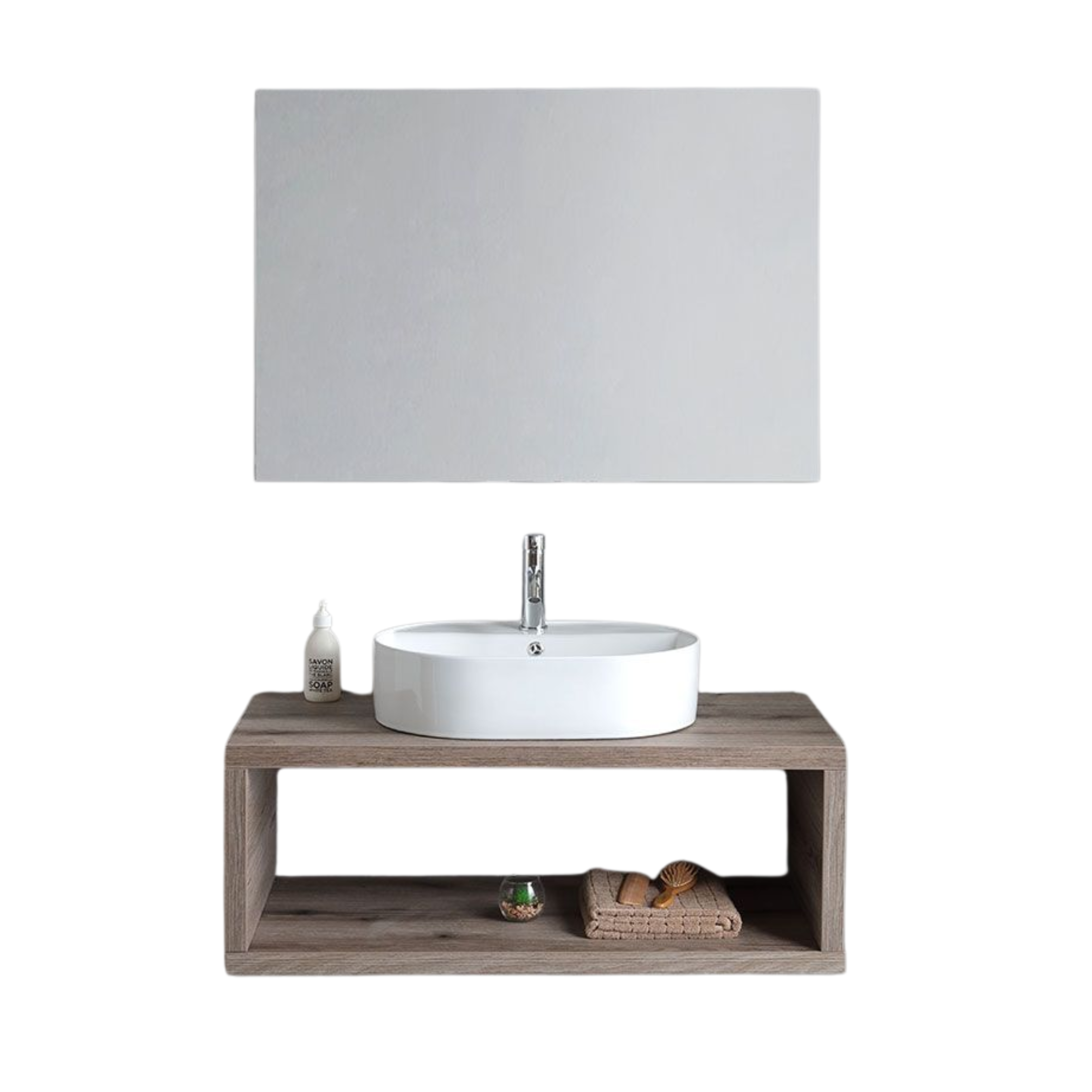 Mobile bagno sospeso rovere fossile "Kos" 100 cm con lavabo ovale bianco in ceramica e specchio rettangolare