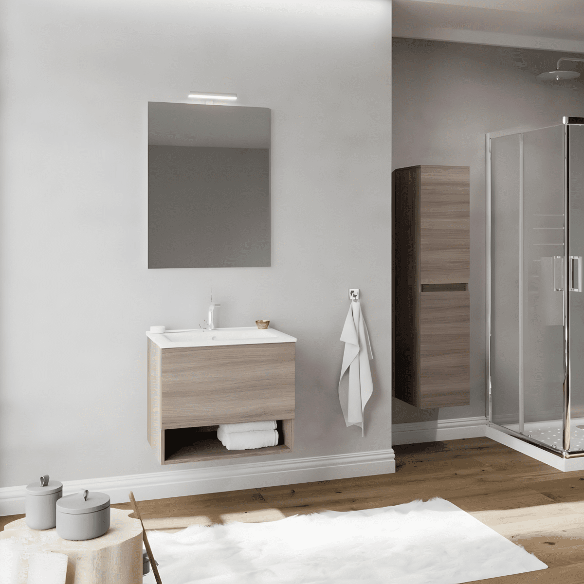 Mobile da bagno sospeso "Lunaris4" con vano contenitore lavabo integrato e specchio LED - MondoViro