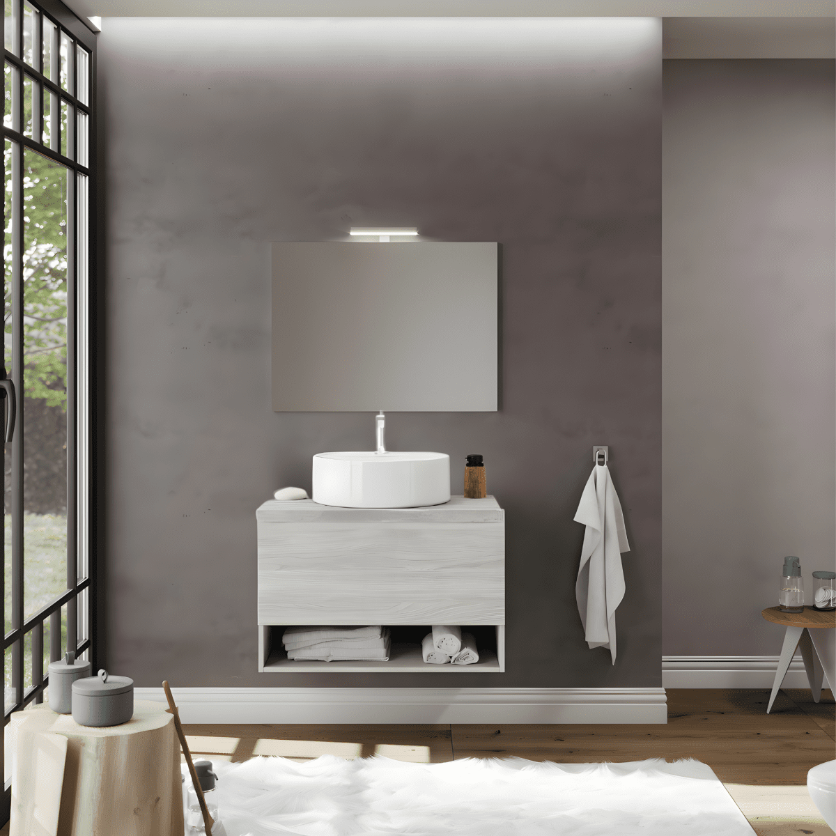 Mobile da bagno sospeso "Lunaris3" con vano contenitore lavabo da appoggio e specchio LED - MondoViro