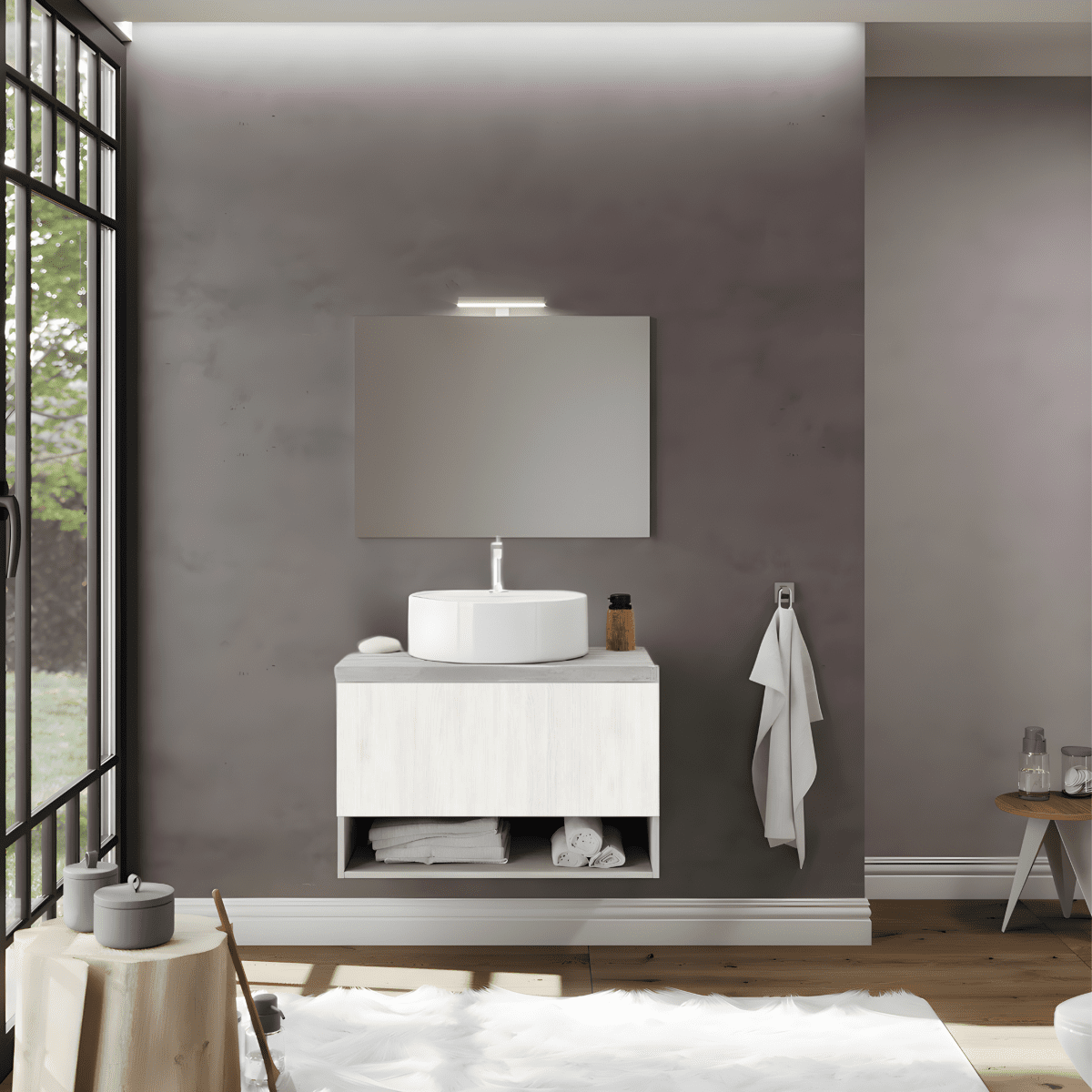 Mobile da bagno sospeso "Lunaris3" con vano contenitore lavabo da appoggio e specchio LED - MondoViro
