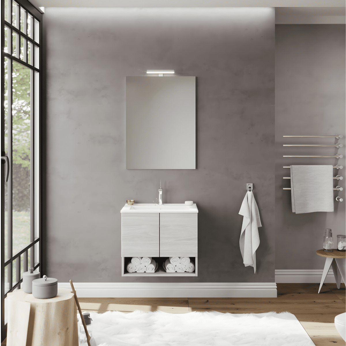 Mobile da bagno sospeso "Lunaris2" con lavabo integrato a 2 ante moderno con specchio LED - MondoViro