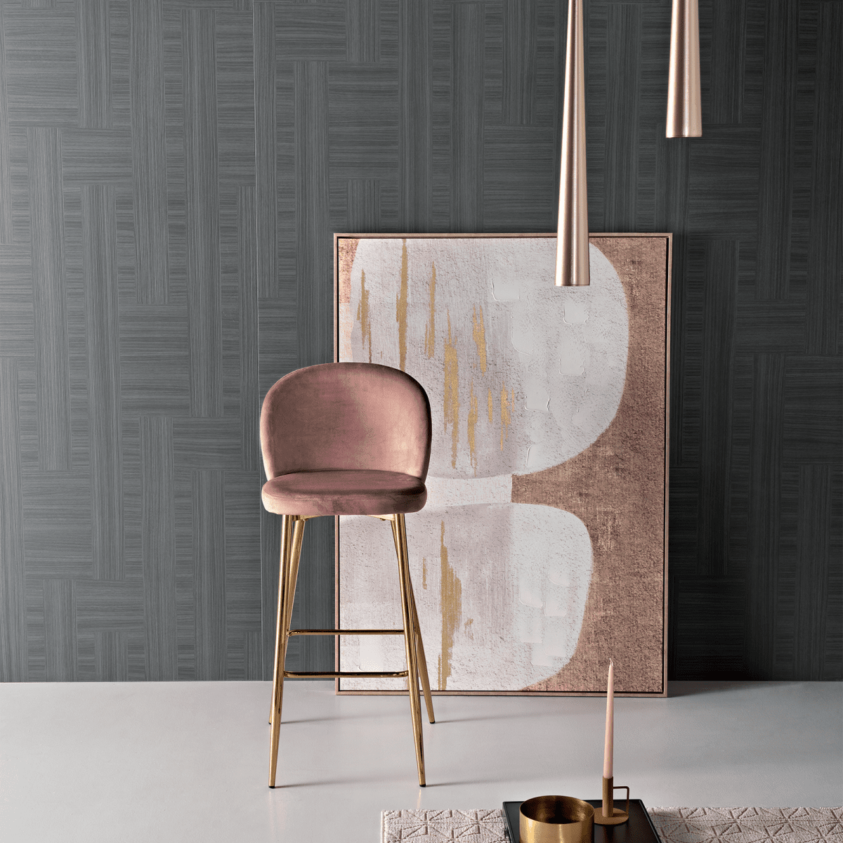 Set di sgabelli in velluto "Jenny" con struttura in metallo dorato cm 48x53 93h - MondoViro