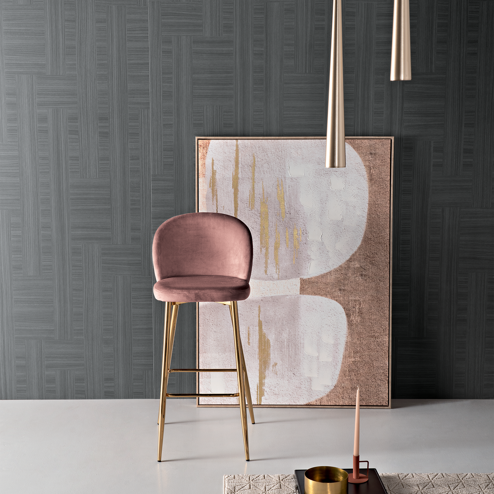 Set di sgabelli in velluto "Jenny" con struttura in metallo dorato cm 48x53 93h