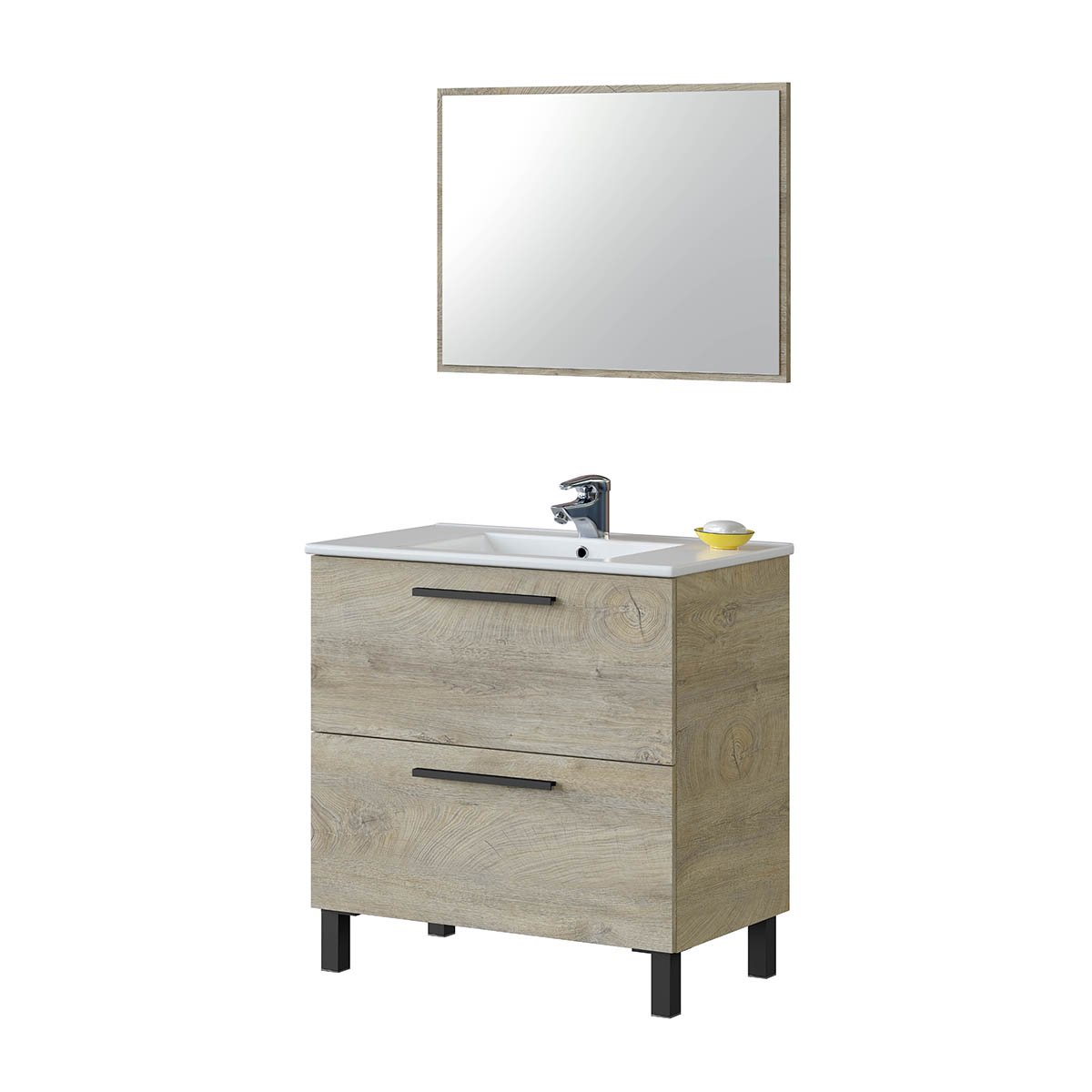Mobile da bagno 3 cassetti in legno sotto lavabo "Athena" con specchio e piedini rialzati
