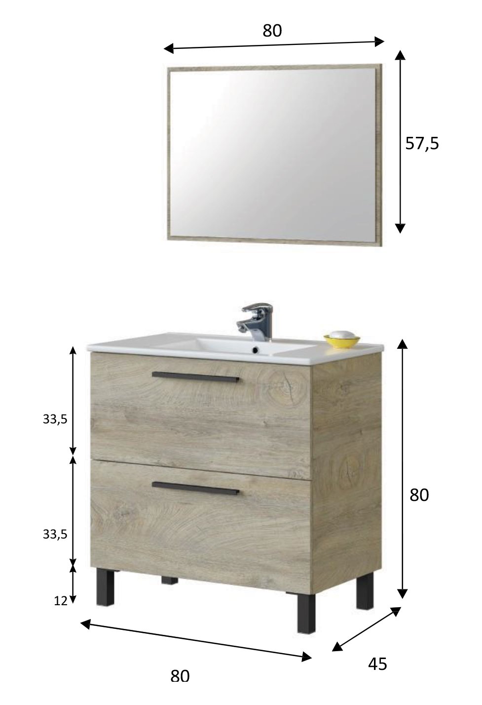 Mobile da bagno 3 cassetti in legno sotto lavabo "Athena" con specchio e piedini rialzati