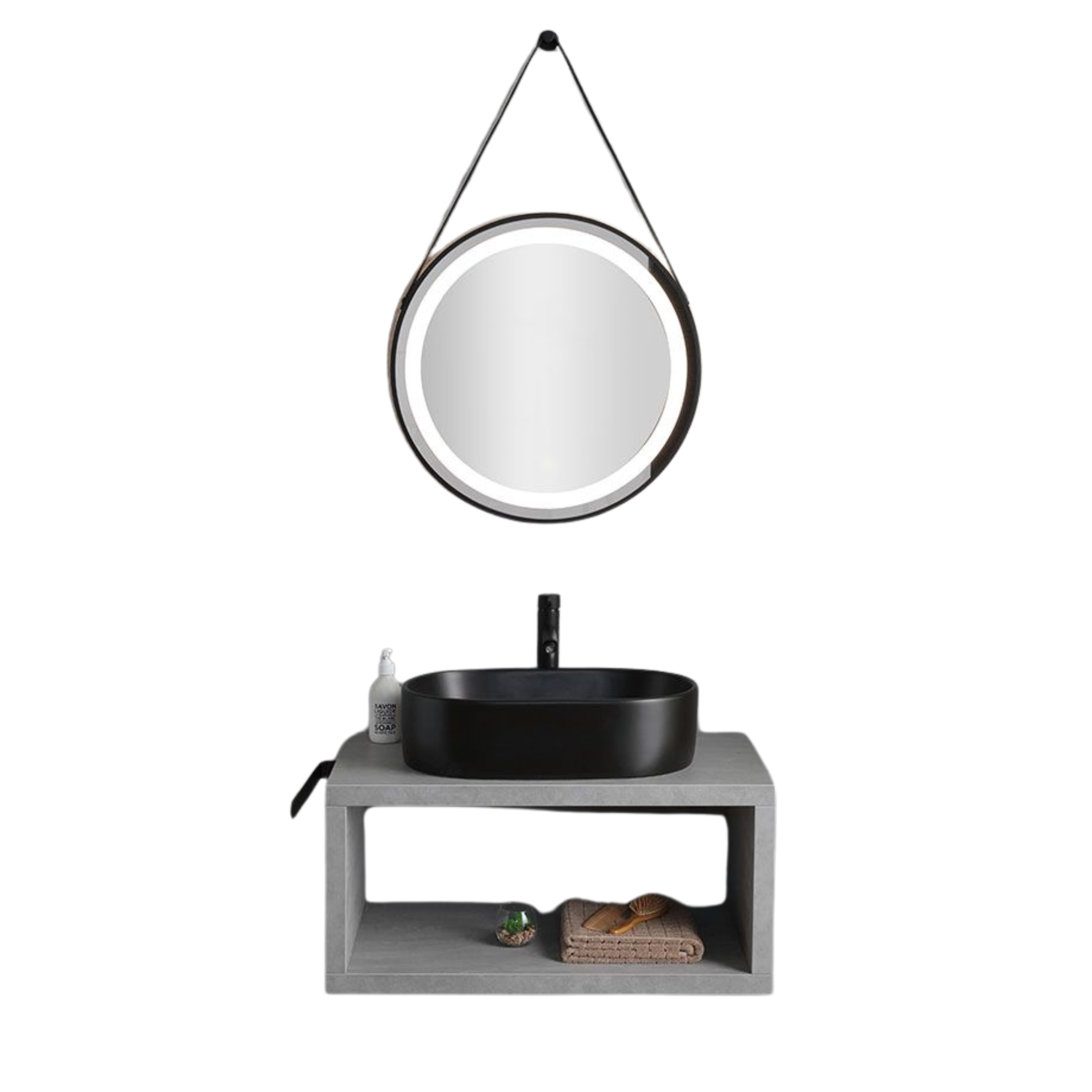 Mobile bagno sospeso grigio "Monaco" 80 cm con lavabo da appoggio nero opaco ovale e specchio tondo a led