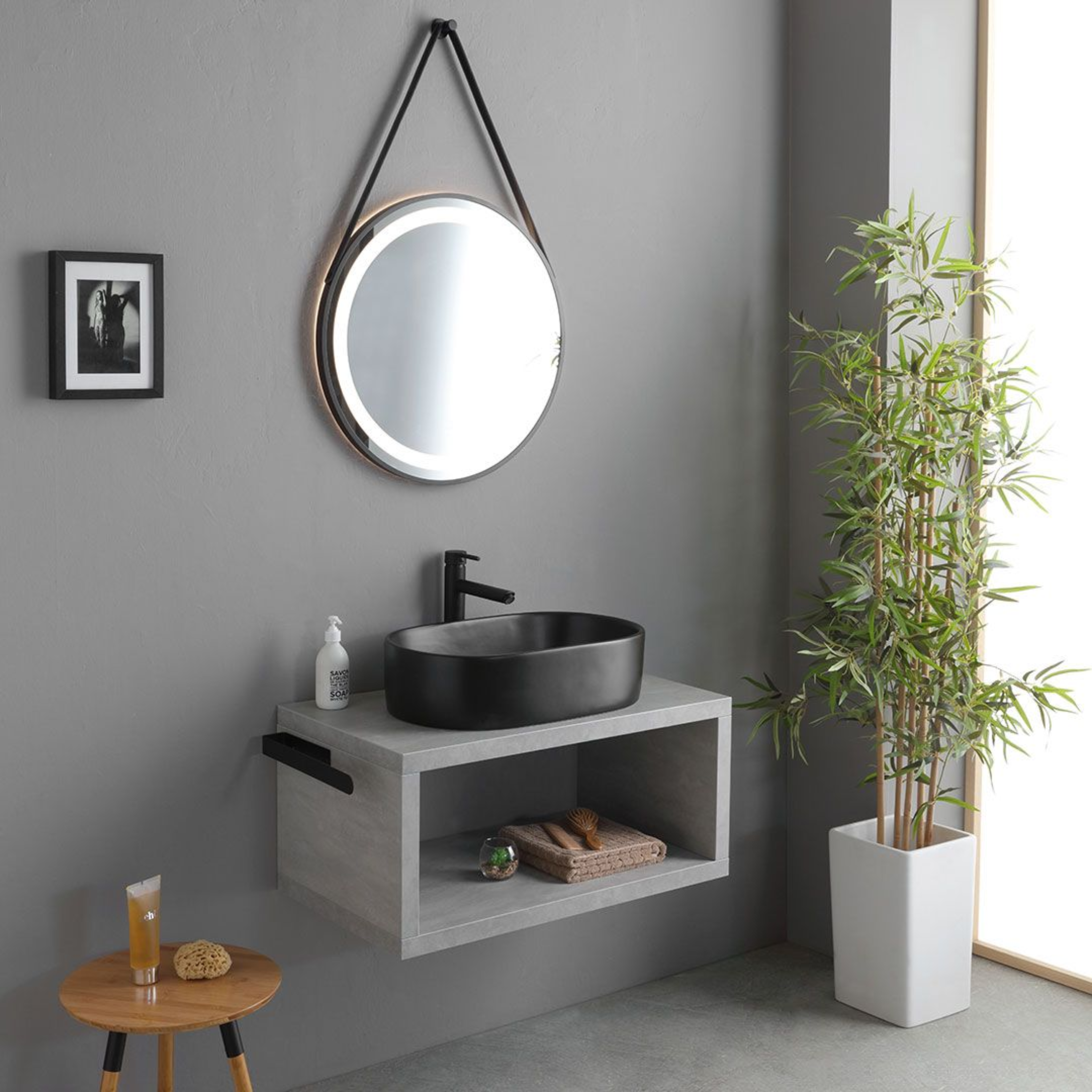 Mobile bagno sospeso grigio "Monaco" 80 cm con lavabo da appoggio nero opaco ovale e specchio tondo a led