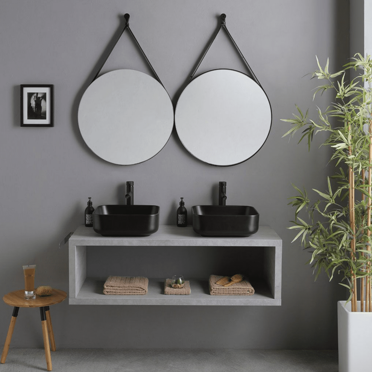 Mobile bagno sospeso grigio "Naxos" 120 cm con doppio lavabo quadrato nero opaco e specchi rotondi - MondoViro