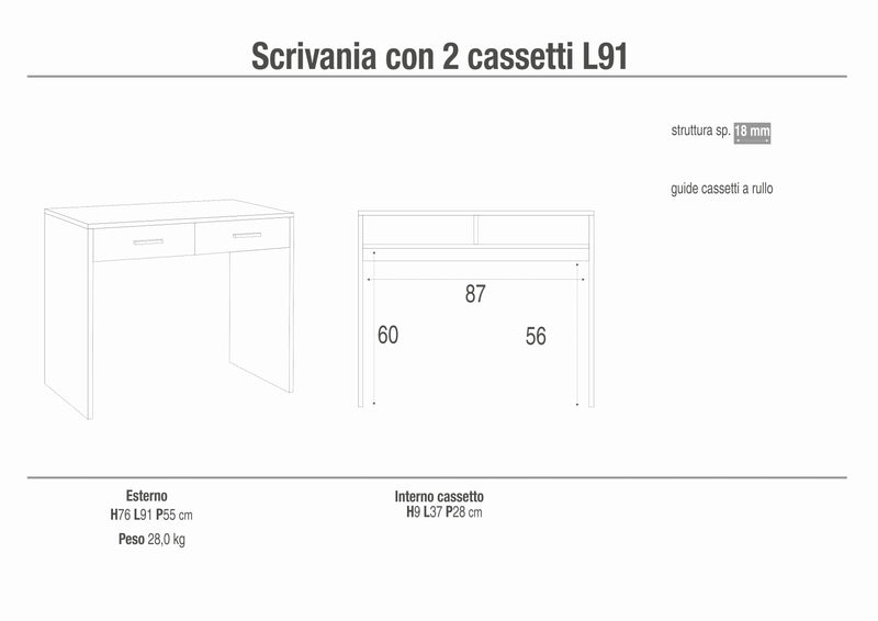 Scrivania moderna 2 cassetti "Vanda" in legno cm 91x55 76h