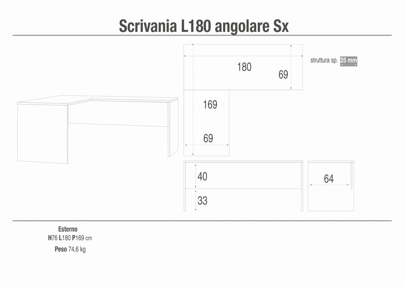 Scrivania angolare in legno "Asia" per ufficio cm 180x169 76h
