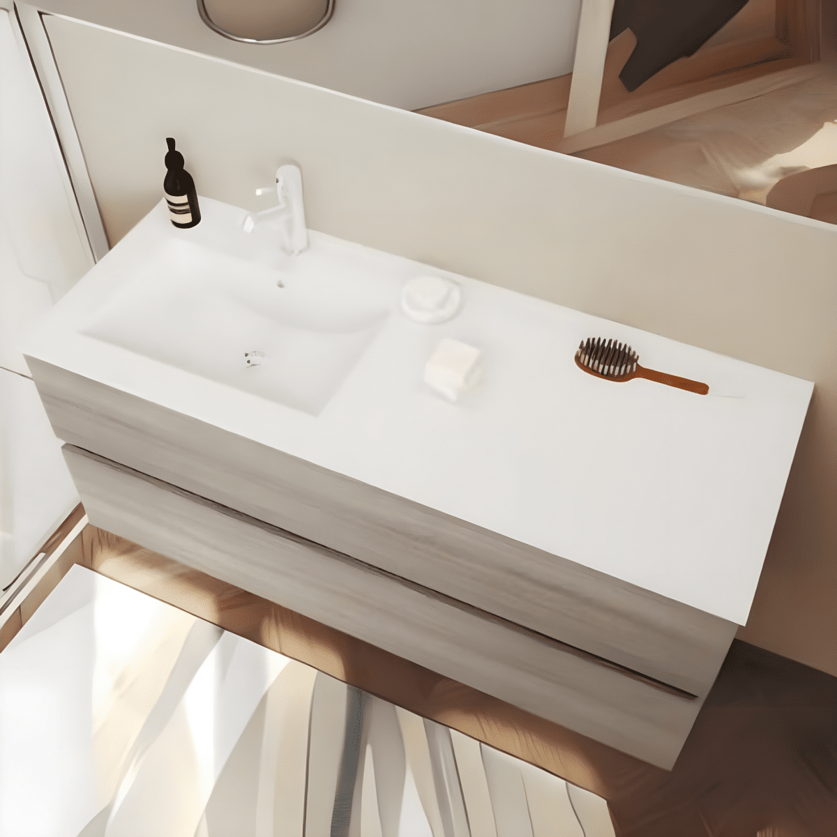 Mobili da bagno sospeso moderno "Tara" con 2 cassetti , lavabo da incasso e specchio LED - MondoViro