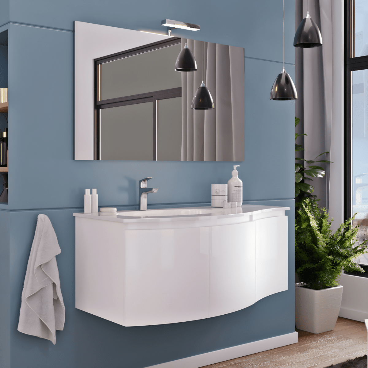 Mobile da bagno sospeso "Malani" 3 ante con specchio LED e lavabo integrato cm 105x50 55h - MondoViro