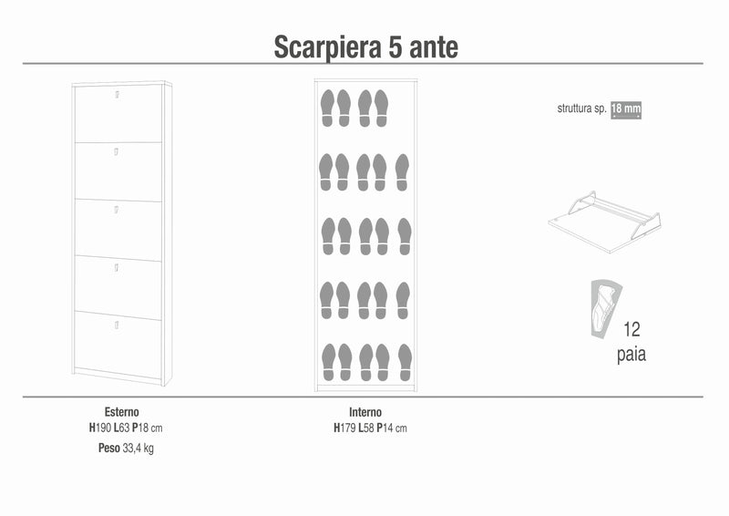Scarpiera 5 ante moderna capiente "Bea" in legno cm 63x29 190h