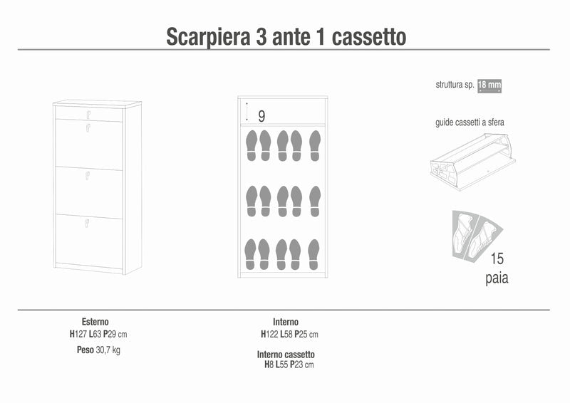 Scarpiera a 3 ante e 1 cassetto "Praga" in legno cm 63x29 127h