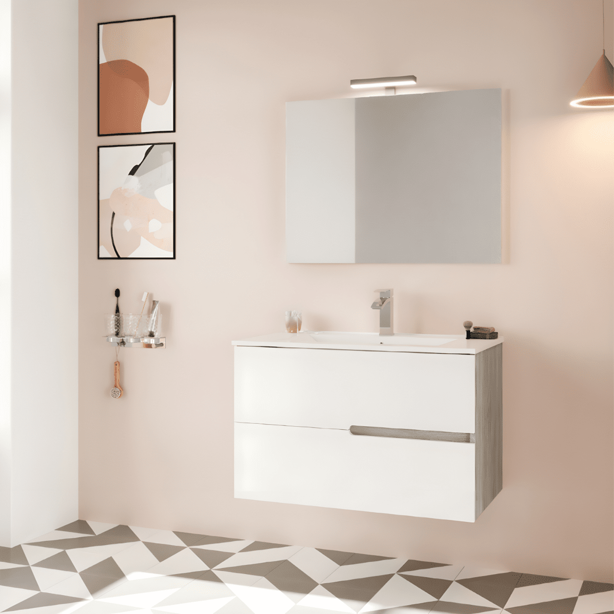 Mobile bagno sospeso moderno "Sara" in legno con 2 cassetti lavabo e specchio LED - MondoViro