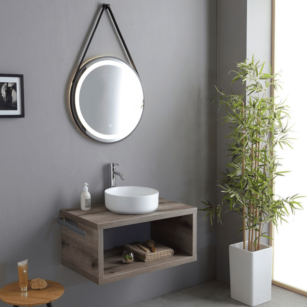 Mobile da bagno sospeso "Paros" 80 cm rovere fossile con lavabo tondo bianco e specchio - MondoViro
