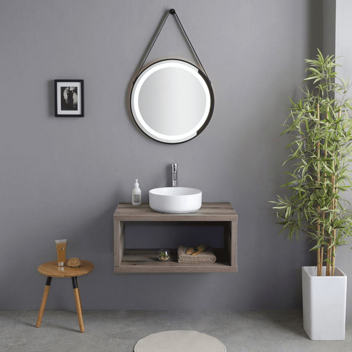 Mobile da bagno sospeso "Paros" 80 cm rovere fossile con lavabo tondo bianco e specchio - MondoViro