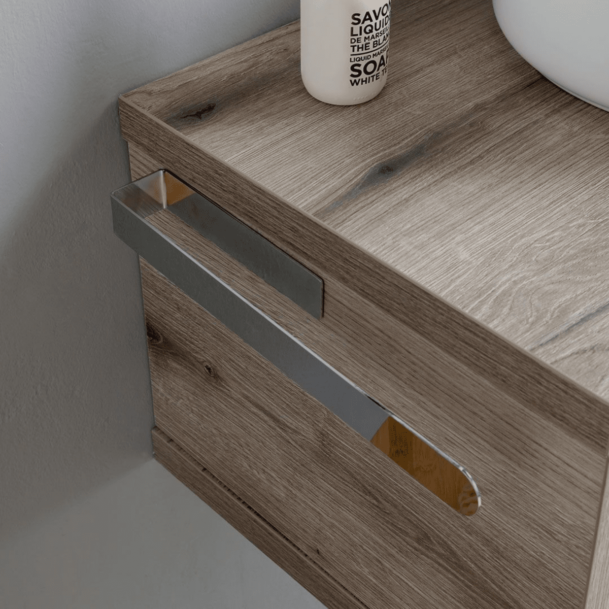 Mobile da bagno sospeso "Paros" 80 cm rovere fossile con lavabo tondo bianco e specchio - MondoViro