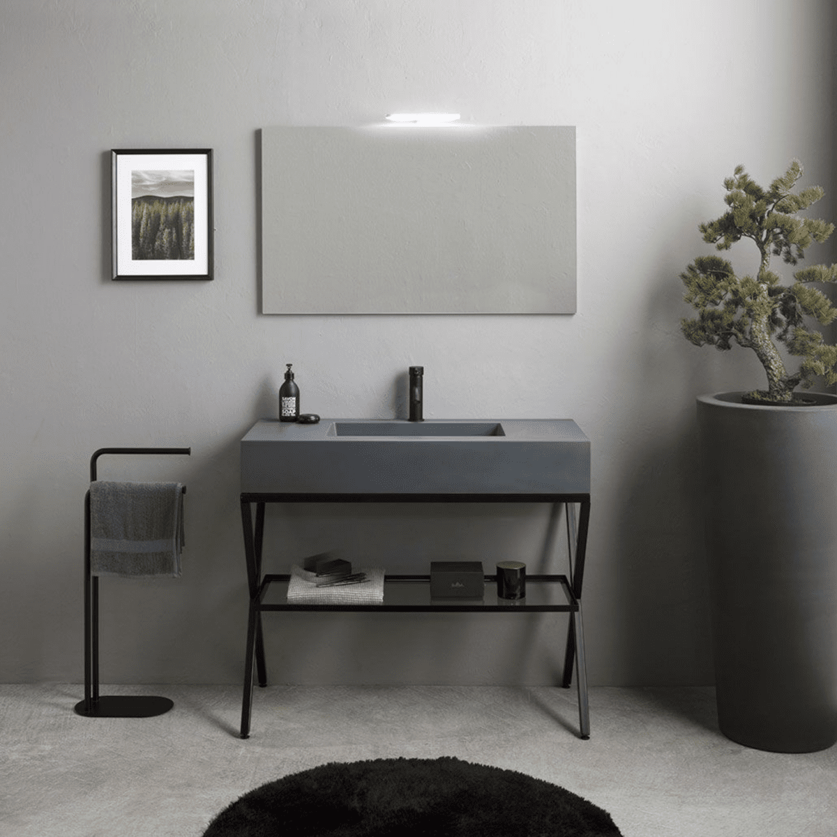 Mobile bagno a terra "Petra" moderno con specchio, lavabo e mensola in vetro 100 cm - MondoViro