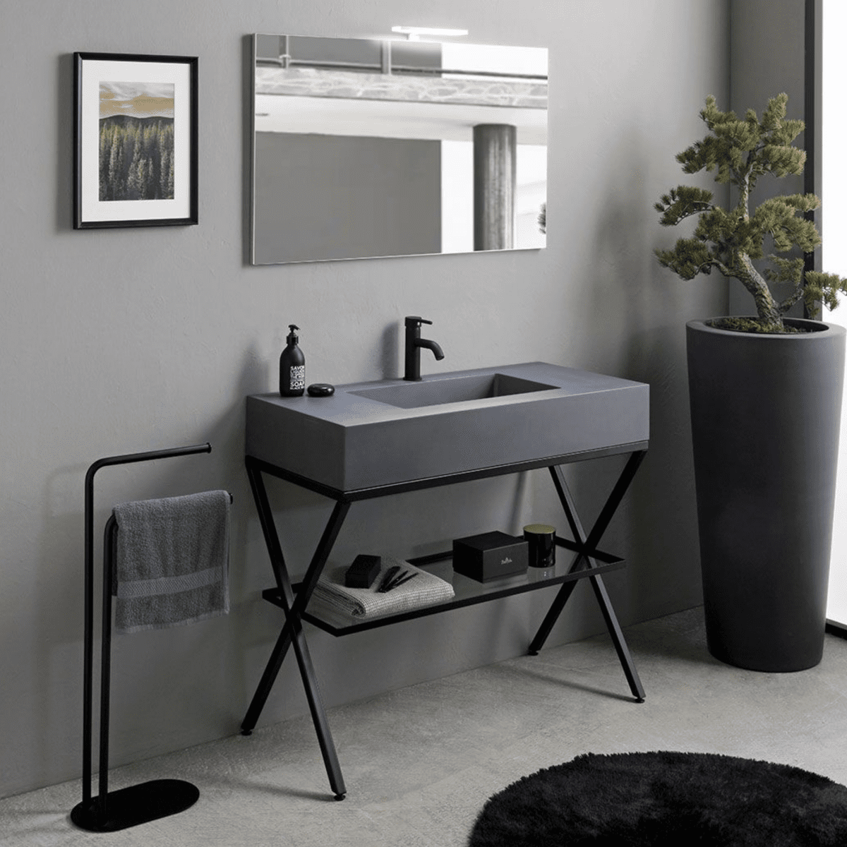 Mobile bagno a terra "Petra" moderno con specchio, lavabo e mensola in vetro 100 cm - MondoViro