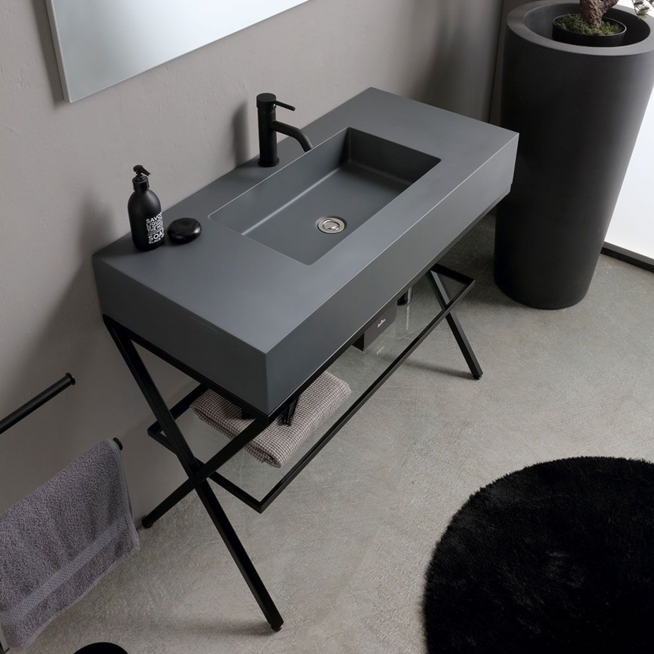 Mobile bagno a terra "Petra" moderno con specchio, lavabo e mensola in vetro 100 cm
