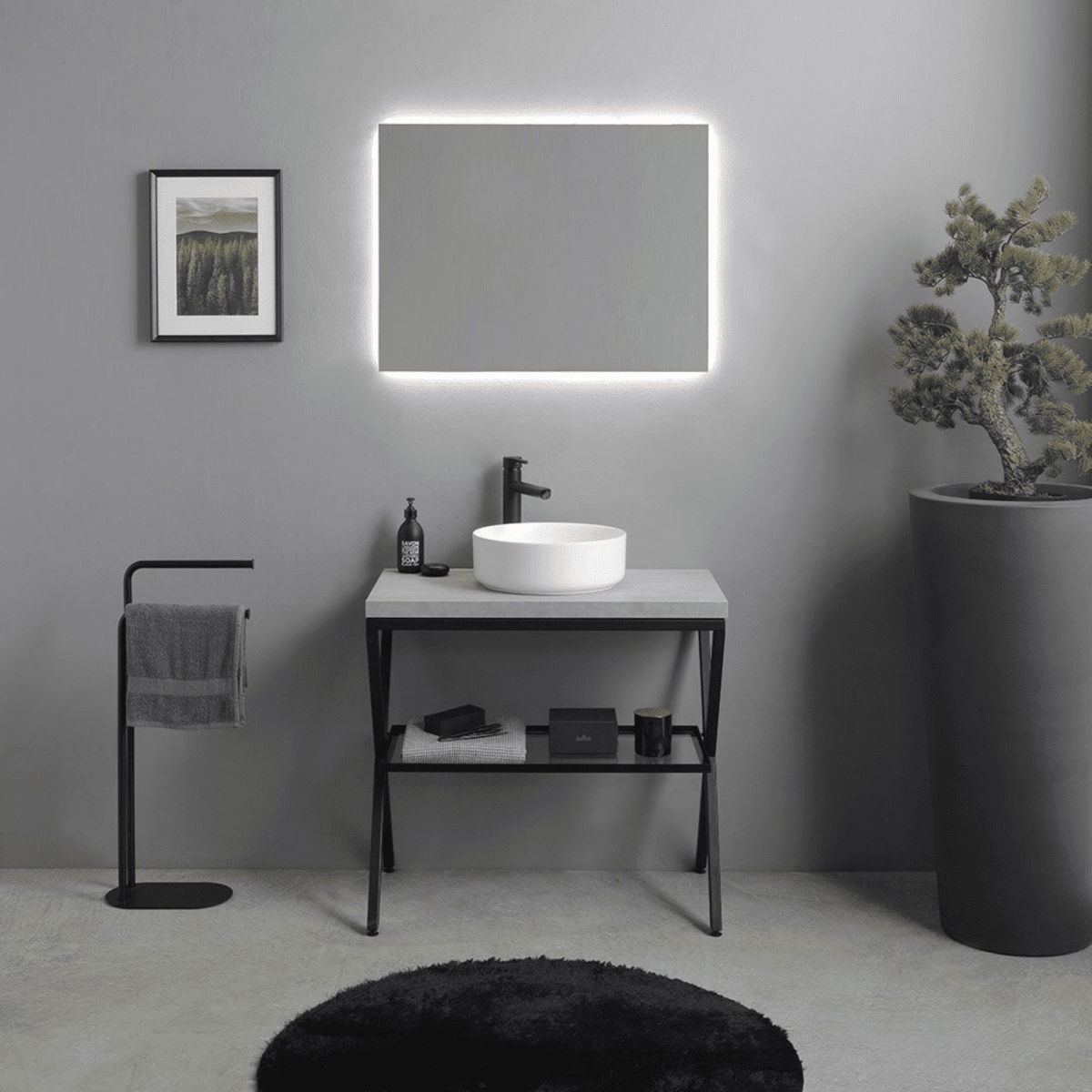 Mobile da bagno color cemento "PowerUp" 80 cm con cavalletto in metallo e lavabo in ceramica rotondo - MondoViro