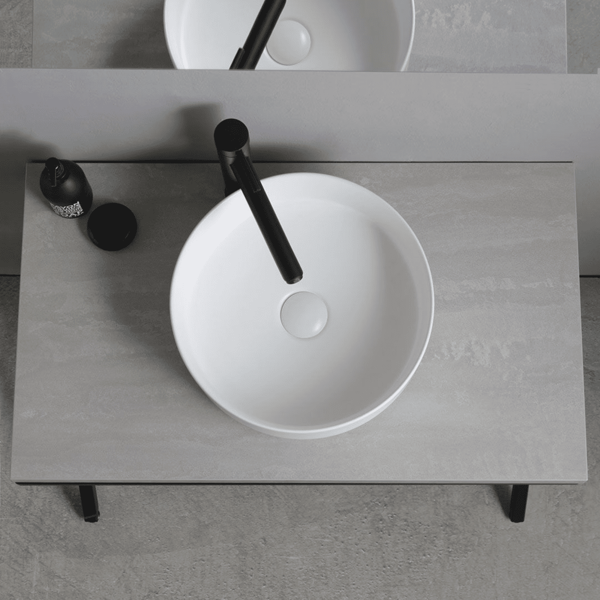 Mobile da bagno color cemento "PowerUp" 80 cm con cavalletto in metallo e lavabo in ceramica rotondo - MondoViro