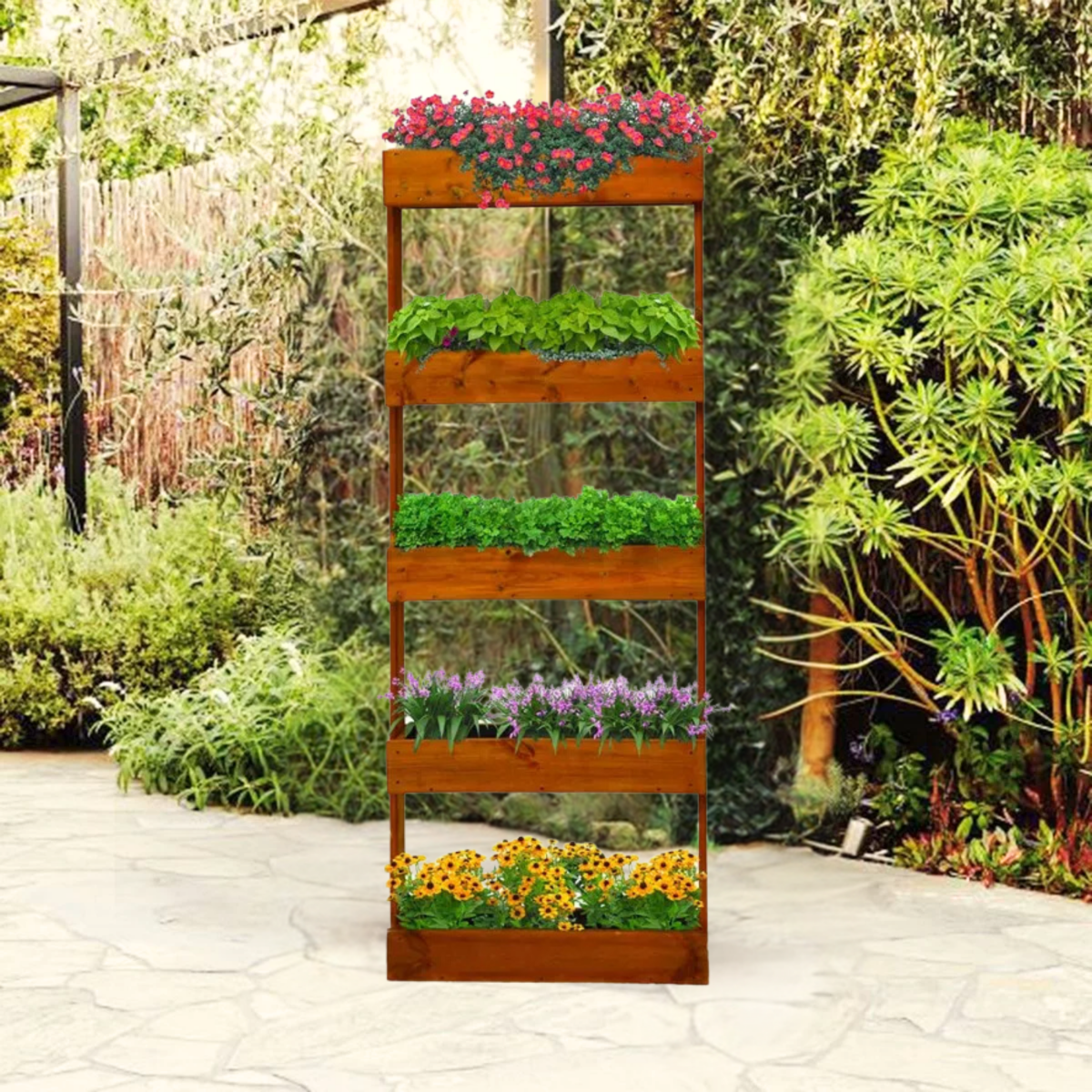 Fioriera "Prato" inclinata a in legno di pino per giardino o balcone color castagno - MondoViro