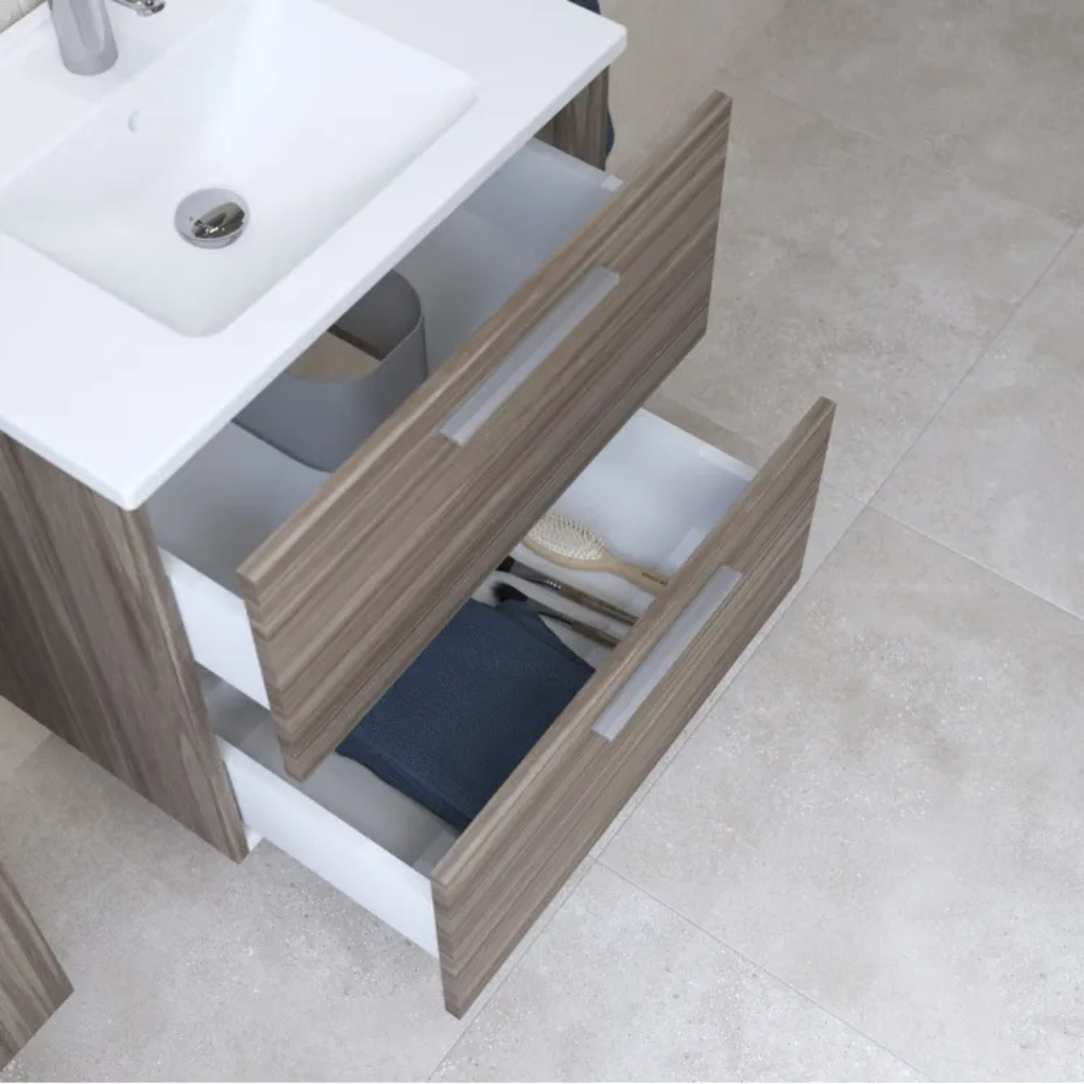 Mobile da bagno sospeso "Vitrax" in legno con 2 cassetti lavabo specchio e lampada
