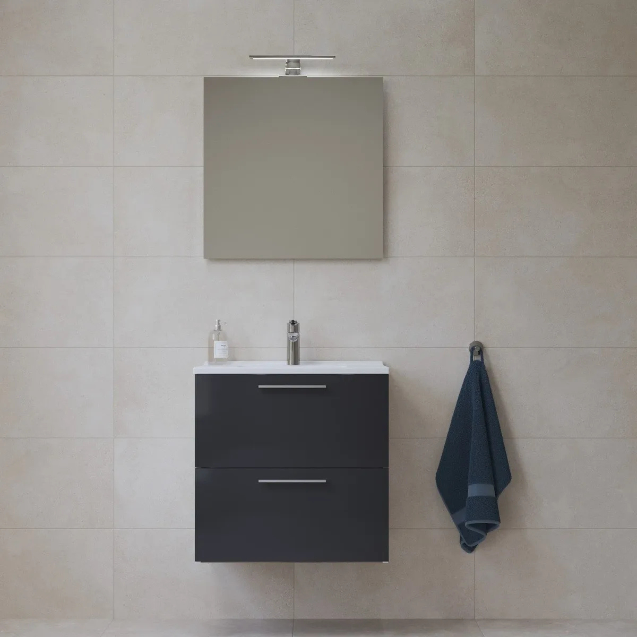 Mobile da bagno sospeso "Vitrax" in legno con 2 cassetti lavabo specchio e lampada