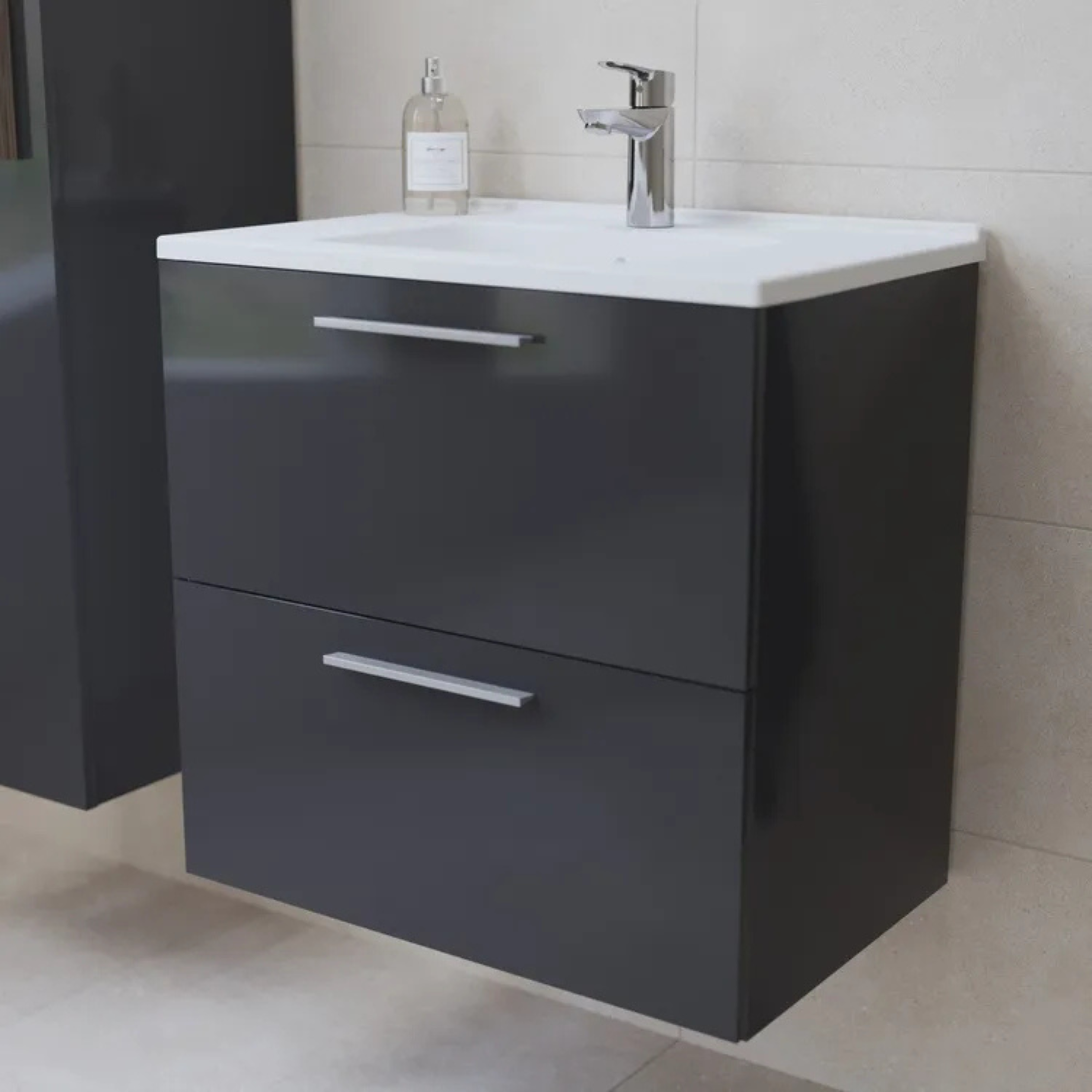 Mobile da bagno sospeso "Vitrax" in legno con 2 cassetti lavabo specchio e lampada